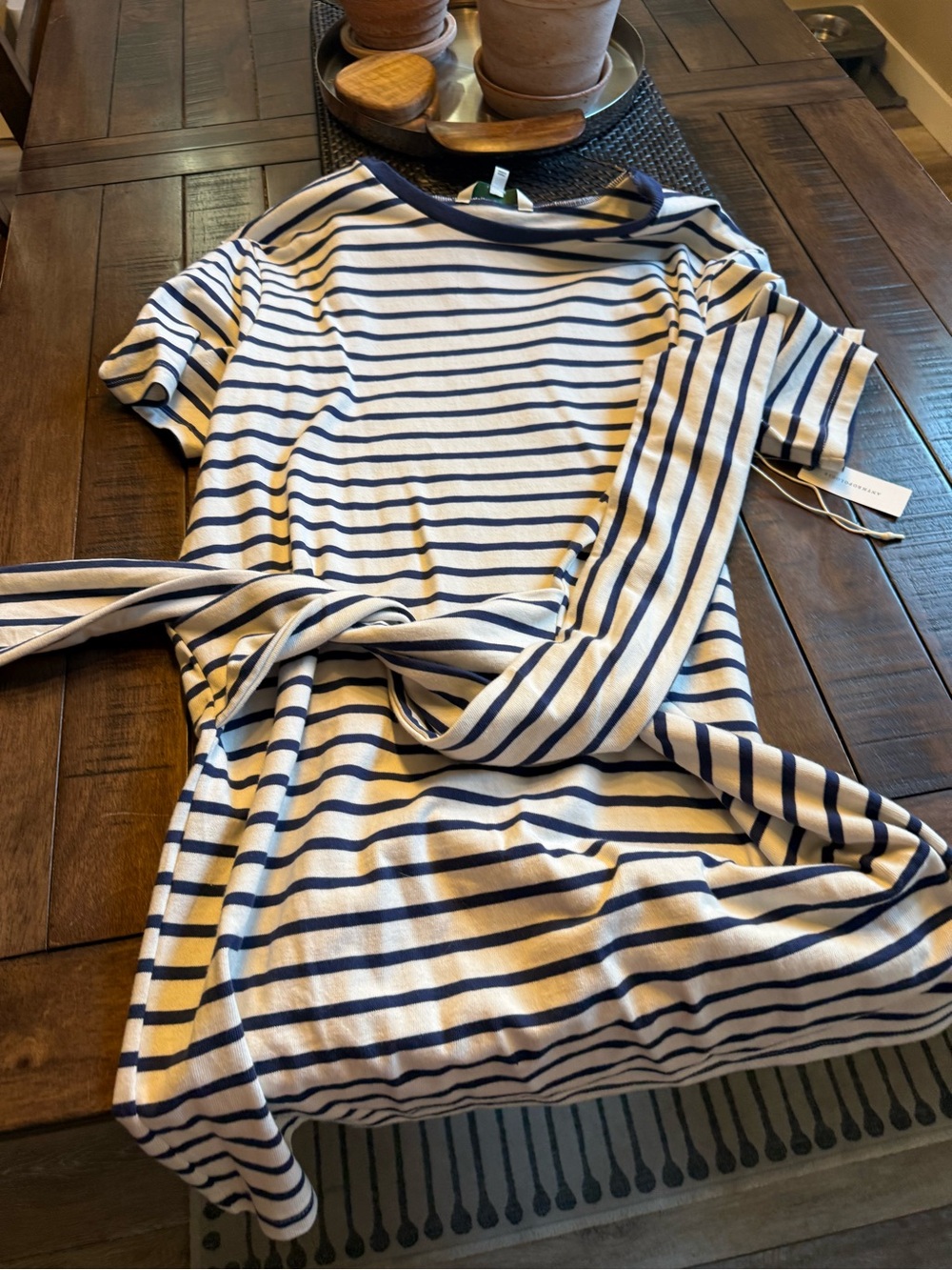 Anthropologie Striped Navy and White Tie-Waist Dress large nwt